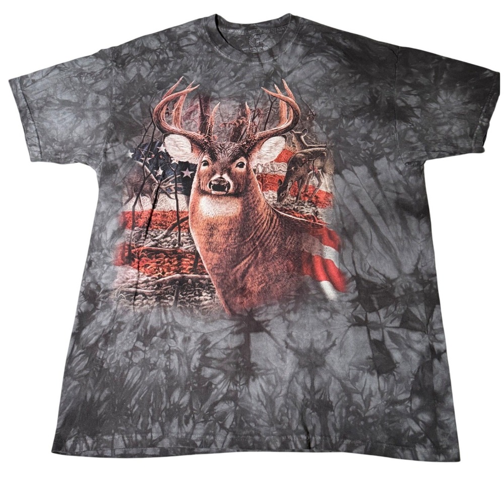 The Mountain Deer American Flag Tie Dye T-Shirt Mens‎ 2XL Grey Buck Wildlife